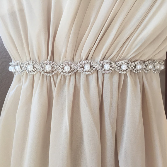 Thin Silver Crystal and Pearl Rhinestone Belt - Bridal Belt or Bridesmaids  Belt - EYM B036 Silver/Pearl